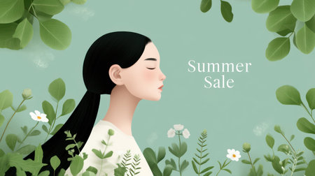 A modern minimal illustration of a young woman surrounded by green leaves with summer sale text for seasonal promotions.の素材