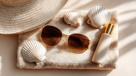 Beach vacation essentials including sunglasses, straw hat, sunscreen bottle, fluffy towel, and seashells arranged on warm sand-colored background.の素材
