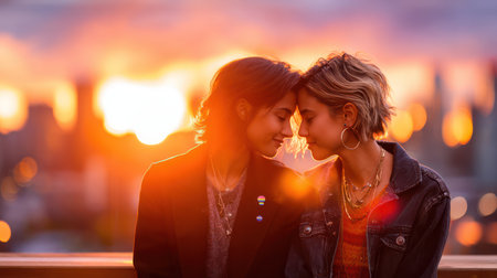 Two diverse young women touch foreheads in an intimate, loving moment against beautiful golden hour city lights and sunset backdrop.の素材