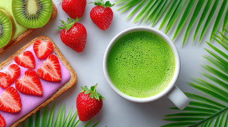 cup of green matcha latte with leaf latte art served with colorful berry and kiwi toast on wooden board.の素材