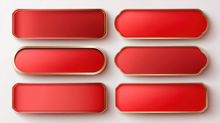 Collection of red horizontal labels with glossy gold frame design.の素材