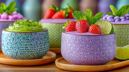 Colorful array of fresh fruits, vegetables, leafy greens, and vibrant smoothie jars arranged on a bright kitchen countertop. A.I.の素材