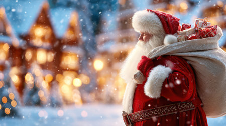 Santa Claus carrying gift sack with snowy village houses glowing warmly in the background.の素材