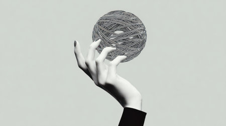 Hand reaching floating towards tangled white wire ball concept art. A.I.の素材