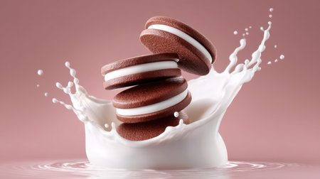 Chocolate sandwich cookies splashing into fresh milk, delicious dessert concept.の素材