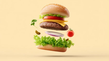 A burger with spinach, lettuce, tomato, and cheese floats against yellow.の素材