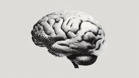 A minimalist black and white halftone brain illustration representing mental health concepts in contemporary graphic design style.の素材