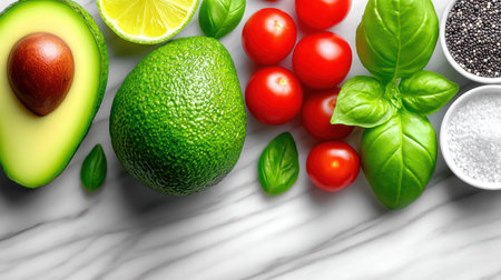 Fresh healthy ingredients including halved avocado, cherry tomatoes, basil leaves, olive oil and seeds arranged on marble surface.の素材