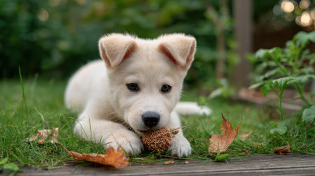 A cute mixed breed puppy plays with a toy among autumn leaves and colorful flowers.の素材