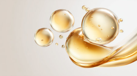 A glossy golden serum droplet with bubbles floats in mid-air, symbolizing skincare and cosmetic innovation.の素材