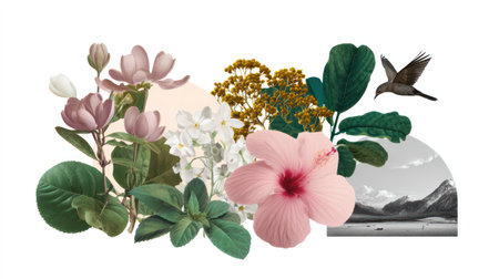 A dreamy vintage-style collage of flowers, leaves, and a bird flying over a landscape cutout.の素材