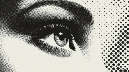 Close-up illustration of an eye rendered in black and white halftone dot technique. A.I.の素材