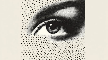 Close-up illustration of an eye rendered in black and white halftone dot technique. A.I.の素材