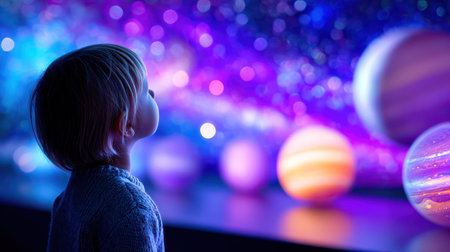 Young Child Mesmerized by Cosmic Exhibit at Modern Museum. A.I.の素材