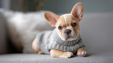 An elegant cream-colored French bulldog wearing a knitted sweater sits comfortably on a modern beige sofa indoors.の素材