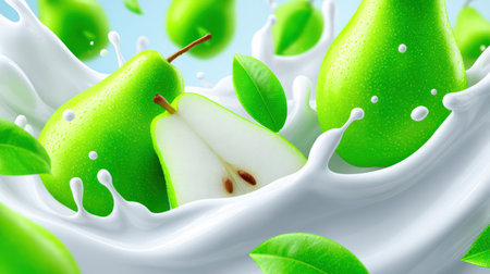 Vibrant pears with leaves creating dramatic splash effects in flowing white milk against soft blue background.の素材