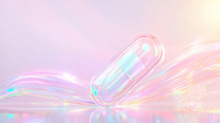 A single holographic capsule floats amidst fluid iridescent swirls symbolizing futuristic health innovation.の素材