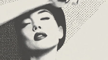 A high-contrast halftone portrait of a glamorous retro-style woman.の素材