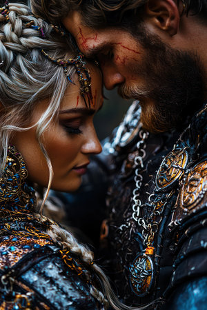 Emotional and intimate portrait of a romantic Viking coupleの素材