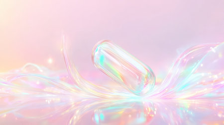 A single holographic capsule floats amidst fluid iridescent swirls symbolizing futuristic health innovation.の素材