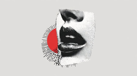 Close-up of lips rendered in artistic black and white halftone dot style. A.I.の素材