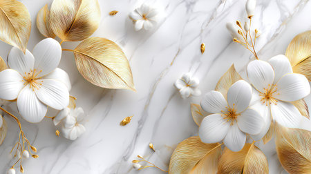 Elegant 3D background with white flowers, gold leaves, and marble texture.の素材