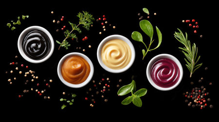 An overhead shot showcases four small white bowls filled with vibrant sauces purple, caramel, white, and yellow artfully arranged on a black backdrop and garnished with fresh rosemary, mint, and parsley, along with peppercorns and chili flakes.の素材