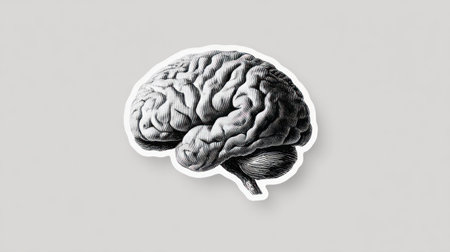 A white brain sticker with black outline on gray background representing mental health and neurological awareness.の素材