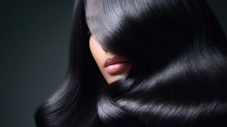 A detailed close-up of a woman with long, smooth, shiny black wavy hair symbolizing premium hair care and beauty.の素材