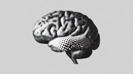 A minimalist black and white halftone brain illustration representing mental health concepts in contemporary graphic design style.の素材