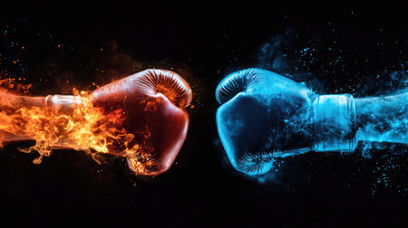 Fiery Red and Icy Blue Boxing Gloves Clash in Combat. A.I.の素材