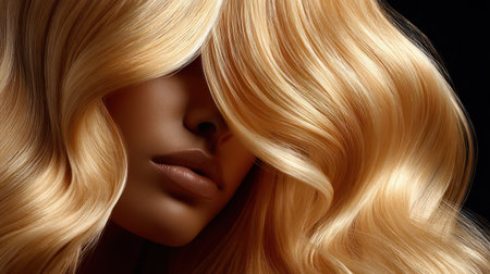 A glamorous close-up of shiny blonde wavy hair with a luxurious texture in soft glowing light.の素材