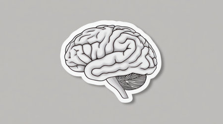 A white brain sticker with black outline on gray background representing mental health and neurological awareness.の素材