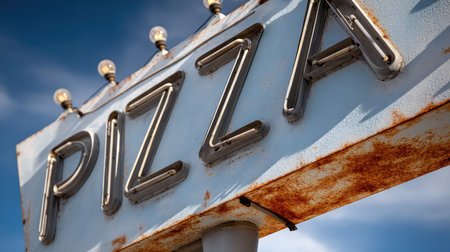 A vintage weathered pizza sign with exposed bulbs stands against a clear blue sky.の素材