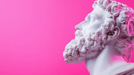 A classical marble bust illuminated with modern lighting against a vivid pink background, blending tradition with contemporary aesthetics.の素材