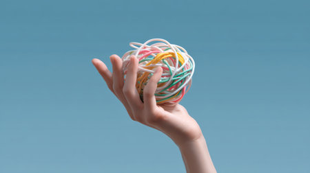 Hand reaching floating towards tangled white wire ball concept art. A.I.の素材