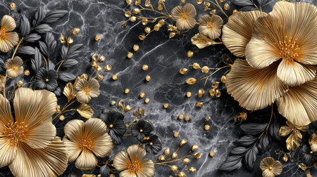 Dark marble floral composition with 3D golden flowers and black accents.の素材