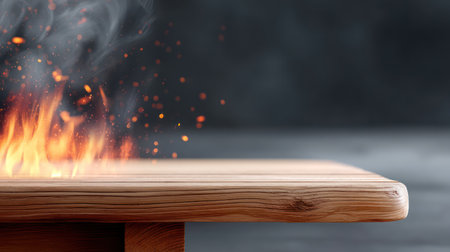 Bright fire and sparks burning across wooden planks in dark.の素材