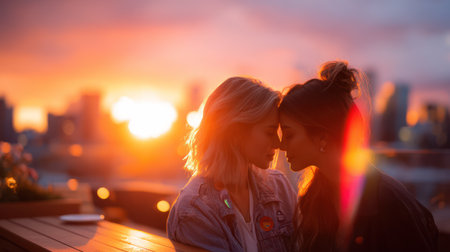 Two diverse young women touch foreheads in an intimate, loving moment against beautiful golden hour city lights and sunset backdrop.の素材