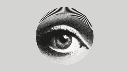 A close-up halftone eye artwork with retro engraving texture.の素材