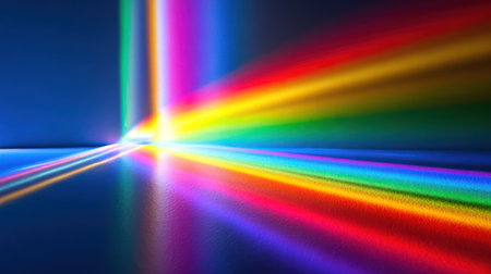 Bright multicolored light beams creating prism dispersion effect with diagonal rays across reflective surface. A.I.の素材
