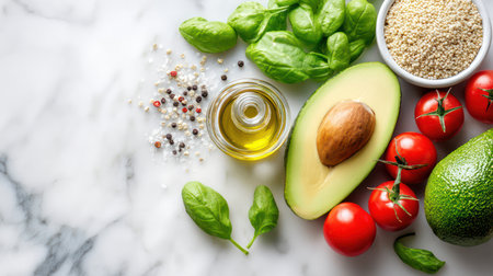 Fresh healthy ingredients including halved avocado, cherry tomatoes, basil leaves, olive oil and seeds arranged on marble surface.の素材