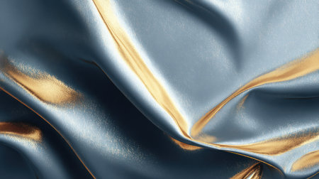 Smooth flowing silver and gold metallic fabric texture with elegant waves and luxurious reflective surface properties. A.I.の素材