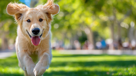 A joyful golden retriever runs energetically through a lush green park with tongue out and beautiful bokeh background.の素材