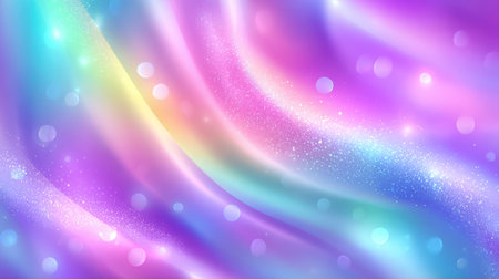 Vibrant holographic rainbow waves with sparkling stars and glitter effects on purple gradient background.の素材
