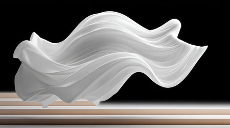 Elegant white fabric forms a ghostly figure floating against a dark background in a surreal modern composition.の素材