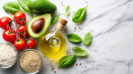 Fresh healthy ingredients including halved avocado, cherry tomatoes, basil leaves, olive oil and seeds arranged on marble surface.の素材