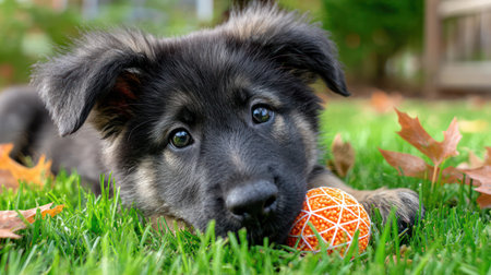 A cute mixed breed puppy plays with a toy among autumn leaves and colorful flowers.の素材
