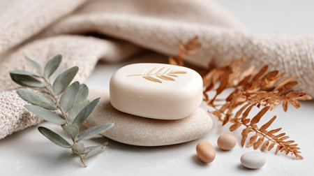 Natural White Soap Bar with Green Leaves Eco Clean Conceptの素材