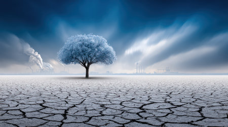 A bare white tree stands alone in a snow-covered cracked landscape with industrial pollution creating dramatic environmental contrast.の素材